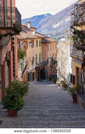 picturesque old alley in Bellagio. Bellagio is situated upon the cape of the land in Lake Como in Italy.