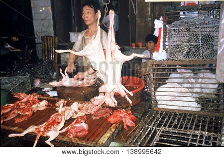 GUANGZHOU / CHINA - CIRCA 1987: Very freshly butchered rabbits and cats are available for sale in Guangzhou's Qingping Market.