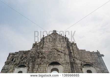 Back of the Ruins of St. Paul's and bright blue sky in Macau China.
