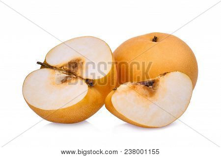 Whole And Slice Of Snow Pear Fruit Isolated On White Background