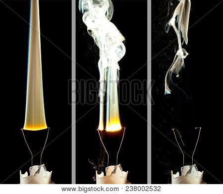 A Sequential Tryptich Showing An Electrical Element In A Light Bulb Igniting And Burning Out