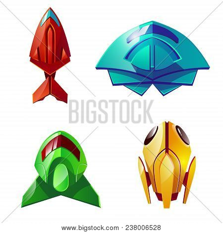Space Shuttles Vector Illustration. Cartoon Isolated Set Of Astronaut Futuristic And Fantastic Space