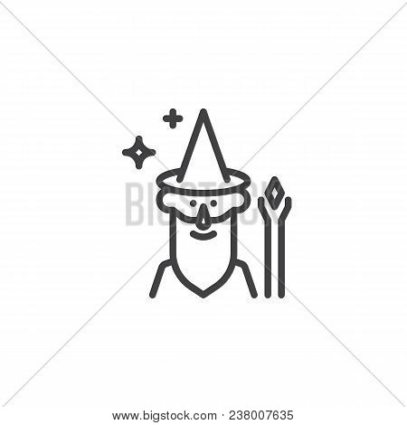 Magician With Magic Wand Outline Icon. Linear Style Sign For Mobile Concept And Web Design. Wizard W