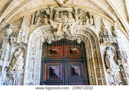 Stone Sculptures Door West Portal Monastery Saint Jerome Mosteiro Dos Jeronnimos Belem Lisbon Portug