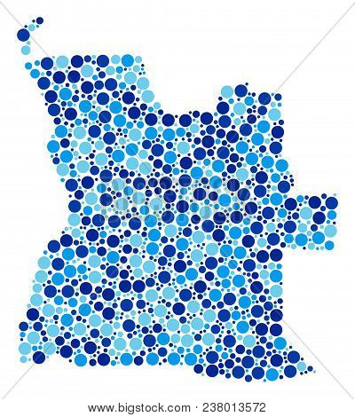 Angola Map Collage Of Spheric Dots In Different Sizes And Blue Shades. Random Round Blots Are Combin