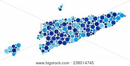 East Timour Map Composition Of Round Spots In Various Sizes And Blue Color Hues. Random Circle Eleme