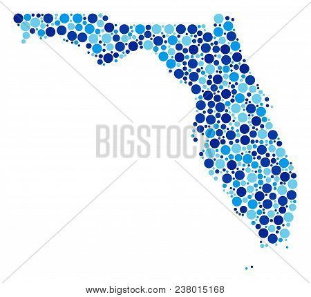 Florida Map Mosaic Of Dots In Various Sizes And Blue Shades. Randomized Round Dots Are Combined Into