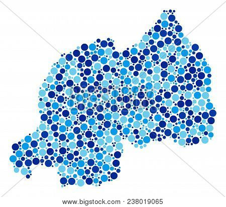 Rwanda Map Composition Of Round Dots In Different Sizes And Blue Color Hues. Randomized Dots Are Uni