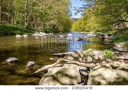 River With Stones Under Blue Sky In Spring Landscape. Oslava River, Czech Republic, Europe