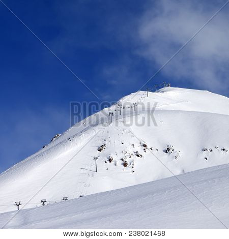 Ropeway On Ski Resort At Sun Winter Morning. Caucasus Mountains. Georgia, Region Gudauri, Mount Sadz