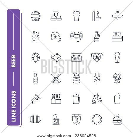 Line Icons Set. Beer Pack. Vector Illustration With Drink And Food Elements For Bar, Pub Or Restaura