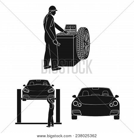 Car, Lift, Pump And Other Equipment Black Icons In Set Collection For Design. Car Maintenance Statio