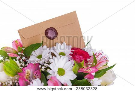 Bouquet Of Flowers With A Greeting Card. Place To Place Your Text.