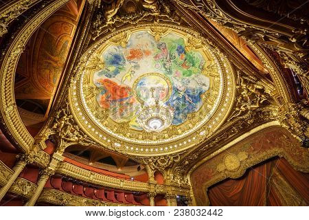 Paris, France, May 17: The Colorful Roof In The Interior Of Opera De Paris, Palais Garnier, It Was B