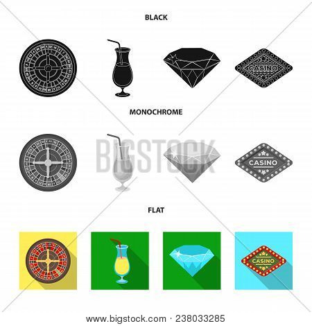 Roulette, A Glass With A Drink, A Diamond, A Sign With The Inscription Casino And Gambling Set Colle