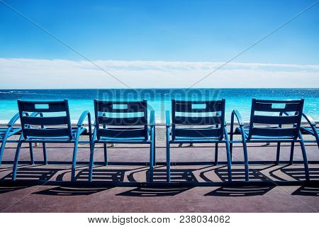 Nice, Alpes-maritimes Department,french Riviera,august 11, 2017, Promenade Des Anglais.blue Empty Ch