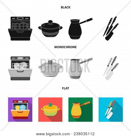 Kitchen Equipment Black, Flat, Monochrome Icons In Set Collection For Design. Kitchen And Accessorie