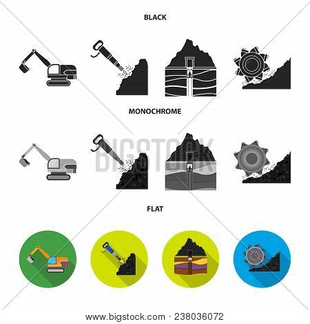 Excavator, Tunnel, Elevator, Coal Harvester And Other Equipment.mine Set Collection Icons In Black, 