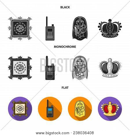 Picture, Sarcophagus Of The Pharaoh, Walkie-talkie, Crown. Museum Set Collection Icons In Black, Fla