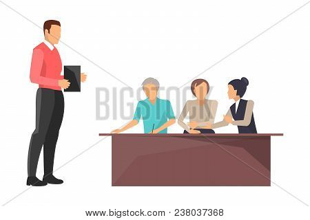 Business Training, Boss Giving Information To Workers Who Listen To Him And Write Down Important Thi