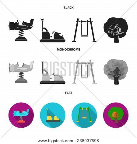 Airplane On A Spring, Swings And Other Equipment. Playground Set Collection Icons In Black, Flat, Mo