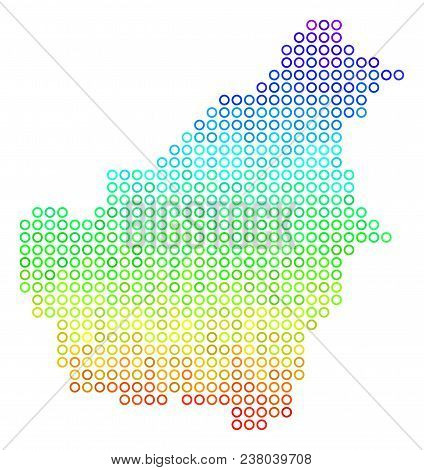 Spectral Borneo Island Map. Vector Geographic Map In Bright Rainbow Color Tones. Spectrum Has Vertic