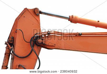Old Generic Excavator Dipper Boom Bucket Ram Horizontal Closeup, Isolated Aged Weathered Orange Yell