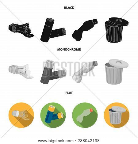 Broken Light Bulb, Used Batteries, Breaking A Plastic Bottle, Garbage Can With A Sign.garbage And Tr