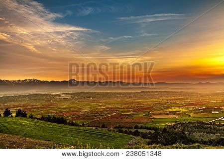 Aerial View Of Beutiful Sunset Over Green And Red Agricultiral Fields Near Pamukkale In Turkey