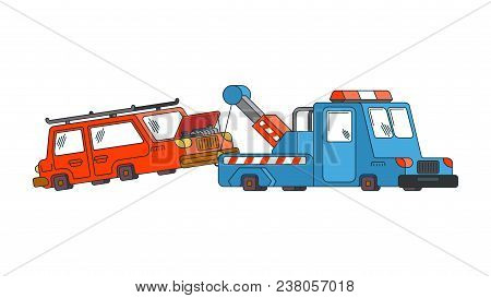 Tow Truck And Car. Wrecker Evacuates Auto. Help On Road. Vector Illustration