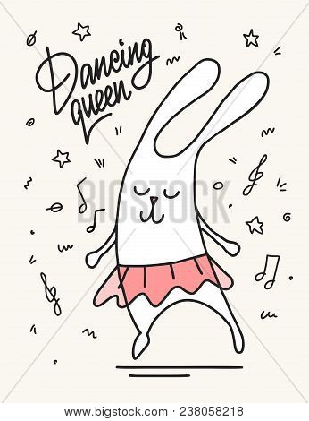 Cartoon Bunny Dancing Like A Dancing Queen. Cute Funny Vector Animal Flat Illustration