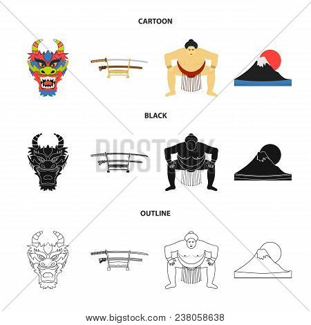 Dragon Mask, Katano, A Man Is A Sumo Player, A Fujiama Mountain.japan Set Collection Icons In Cartoo