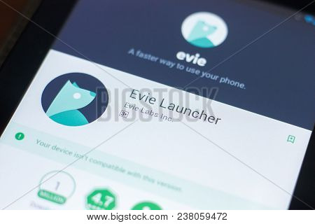 Ryazan, Russia - April 19, 2018 - Evie Launcher Mobile App On The Display Of Tablet Pc