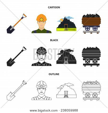 A Shovel, A Miner, An Entrance To A Mine, A Trolley With Coal.mine Set Collection Icons In Cartoon, 