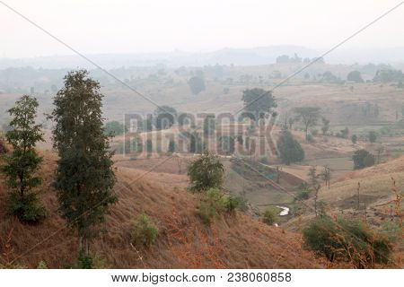 Foggy Mountain Valley At Sunrise In The Village In Nasik, Maharashtra, India