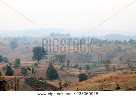 Foggy Mountain Valley At Sunrise In The Village In Nasik, Maharashtra, India