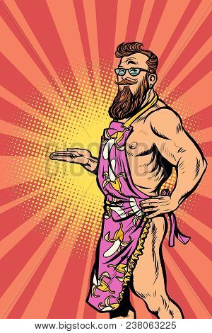 Naked Male Hipster Waiter. Comic Cartoon Pop Art Retro Vector Vintage Illustration