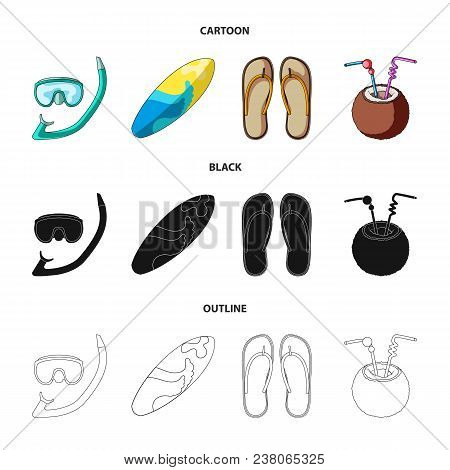 Diving, Surfing, Cocktail.summer Vacation Set Collection Icons In Cartoon, Black, Outline Style Vect