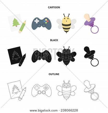 Picture, Dzhostik, Bee, Nipple.toys Set Collection Icons In Cartoon, Black, Outline Style Vector Sym
