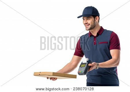Delivery Man With Cardboard Pizza Box And Cardkey Reader In Hands Isolated On White