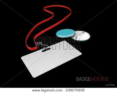 3d Illustration Of Blank White And Red Badges. Pin Button, Realistic Mockup, Isolated Black.