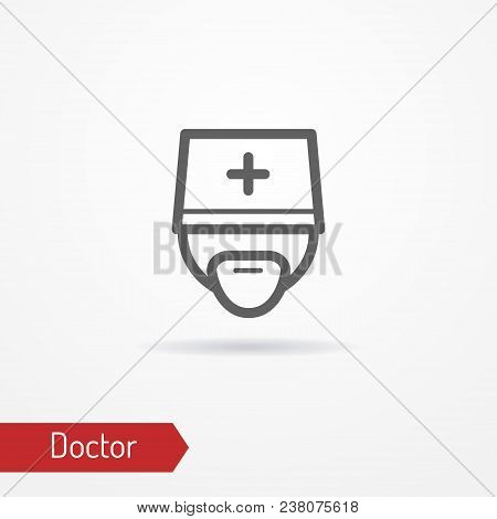Typical Simplistic Doctor Face In Professional Hat With Cross. Medic Or Surgeon Head Isolated Minima