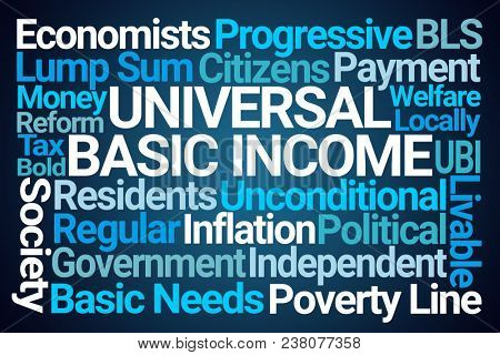 Universal Basic Income Word Cloud on Blue Background