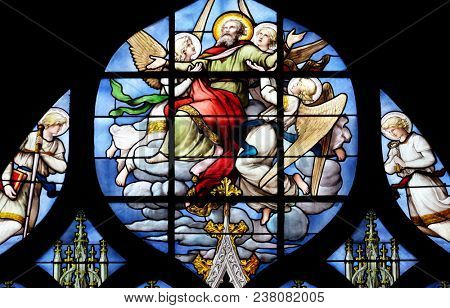 PARIS, FRANCE - JANUARY 04: Conversion of St. Paul the Apostle, stained glass window in Saint Severin church in Paris, France on January 04, 2018.