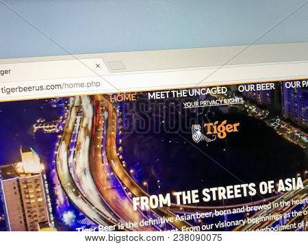 Amsterdam, The Netherlands - March 27, 2018: Official Homepage Of Tiger Beer, Pilsener From Singapor