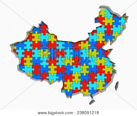 China Puzzle Pieces Map Working Together 3d Illustration