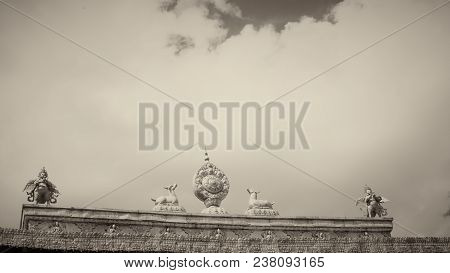 Brass Statue On The Roof With Sky,black And White Tone