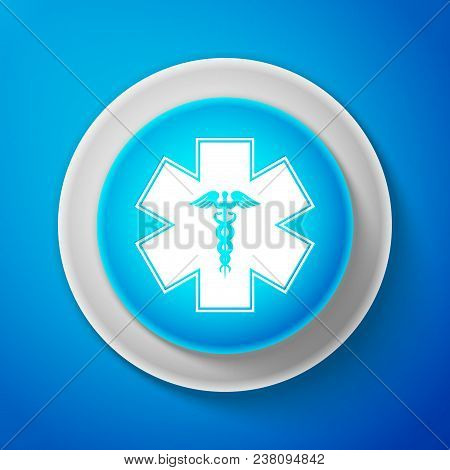 White Emergency Star - Medical Symbol Caduceus Snake With Stick Icon Isolated On Blue Background. St