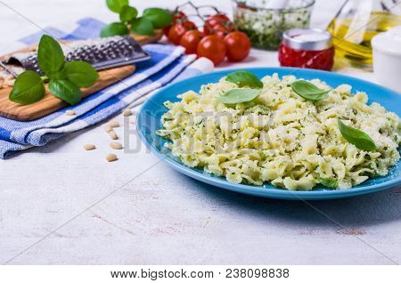 Traditional Italian Pasta With Pesto In A Plate On The Table. Selective Focus.