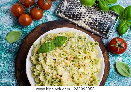 Traditional Italian Pasta With Pesto In A Plate On The Table. Selective Focus.